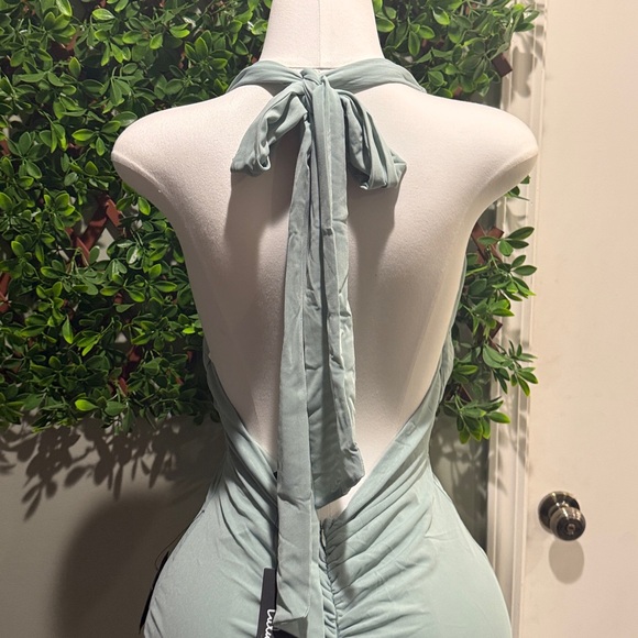 NWT-Celebratory Love Sage Green Mesh Ruched Halter Dress - Picture 8 of 13